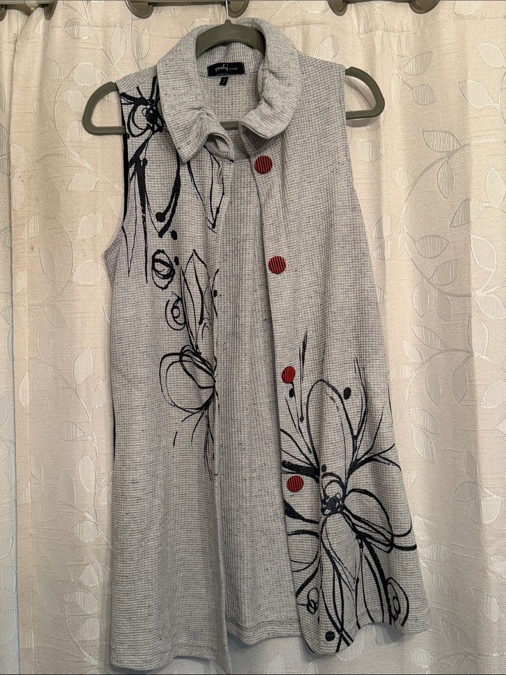 Sleeveless Gray Floral Knit Dress Vest with Red Button Accents